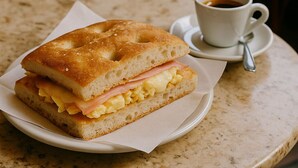 A sandwich on a plate with a cup of coffee on a table. - Rook Hotel   (Mississauga)