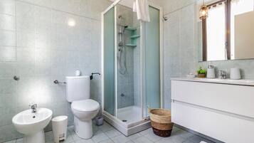 Shower, hair dryer, bidet, towels