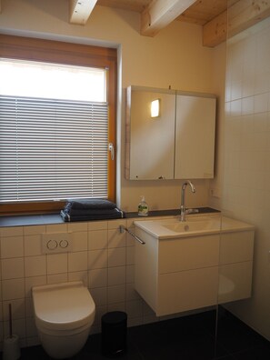 A small bathroom with a toilet, sink, and mirror.