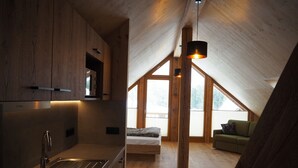 Una camera da letto moderna in stile loft, con soffitto a falde, un letto a scomparsa, un piccolo angolo relax e una piccola cucina accessoriata con lavello e pensili.