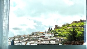 Une vue d’une ville avec des bâtiments construits sur une colline, une église et une structure ressemblant à un château.