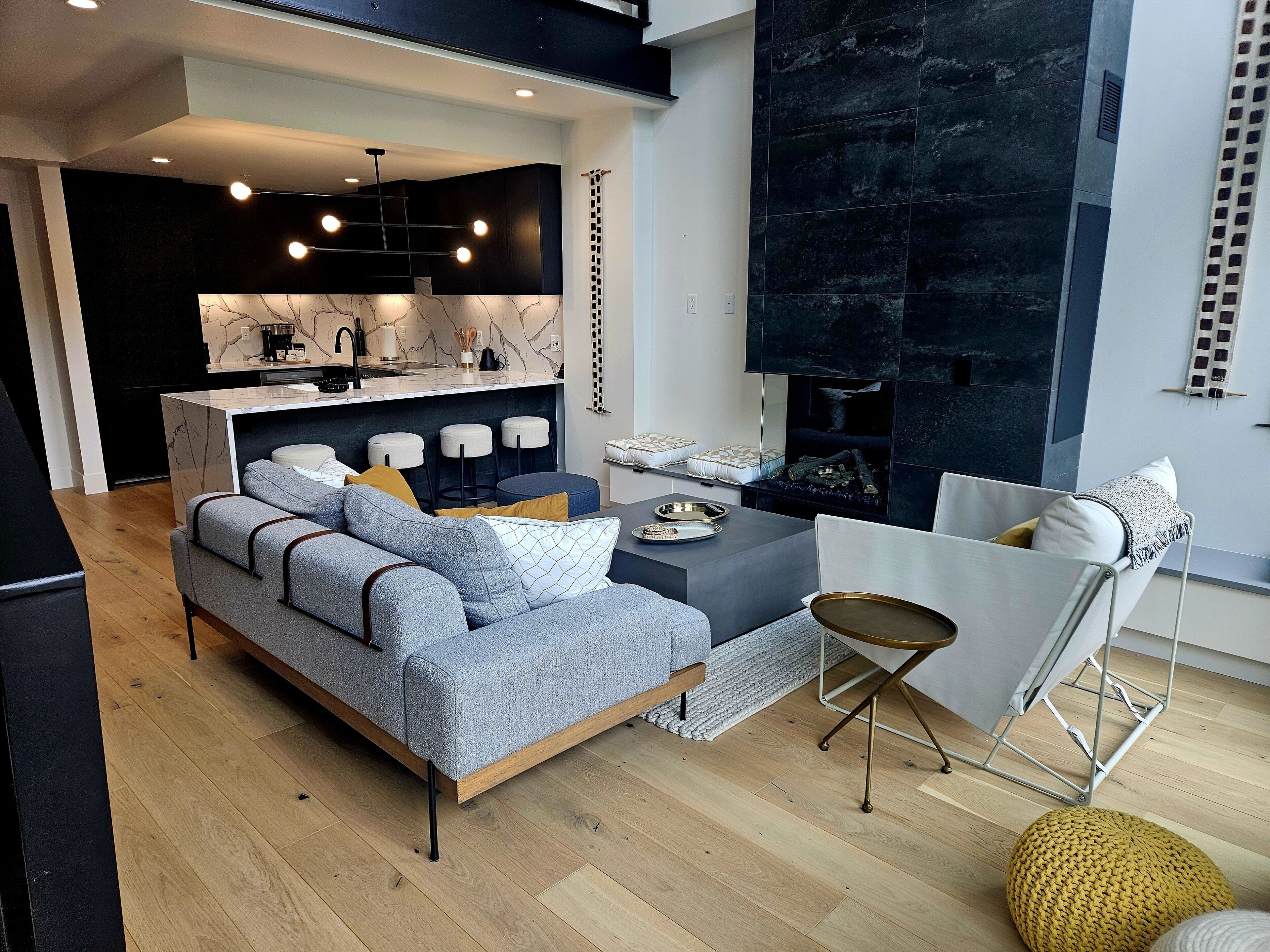 TV, fireplace, books