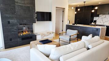 Televisión, chimenea y libros