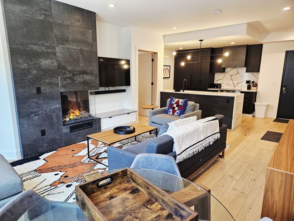 TV, fireplace, books