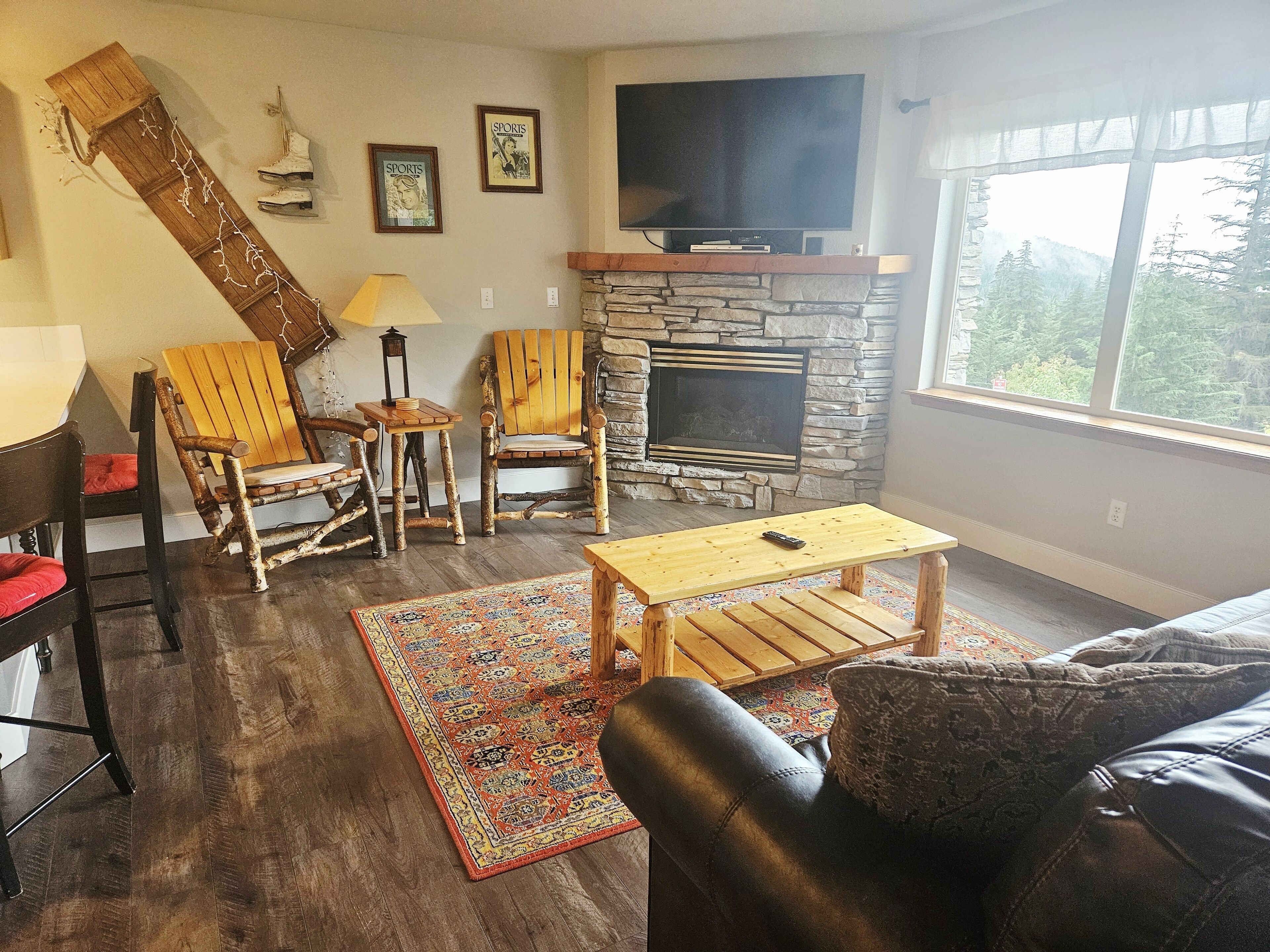 TV, fireplace, books