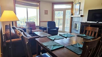 TV, fireplace, books