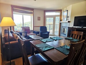 TV, fireplace, books
