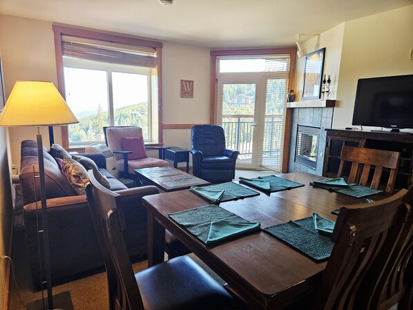 Televisión, chimenea y libros 