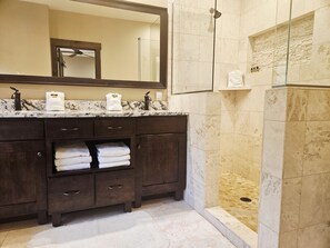Shower, hair dryer, towels
