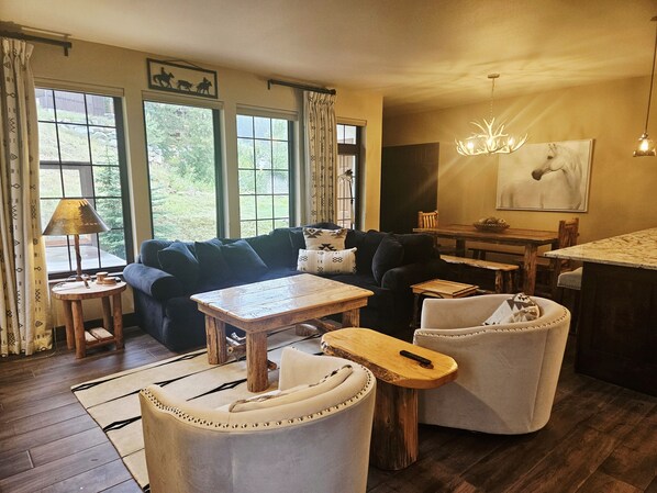 TV, fireplace, books