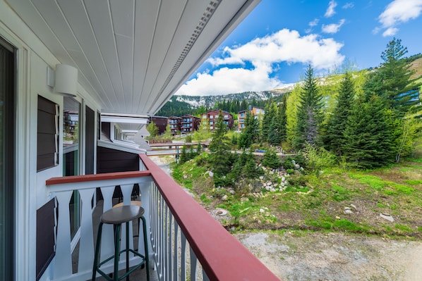A balcony with a view of a mountainous landscape, a wooden deck, and a railing.