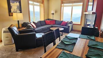 TV, fireplace, books