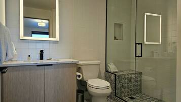 Shower, hair dryer, towels