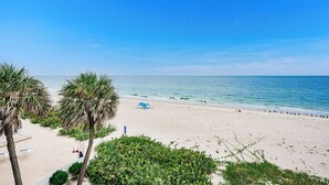 A beach with a tent, palm trees, and a clear blue sky.