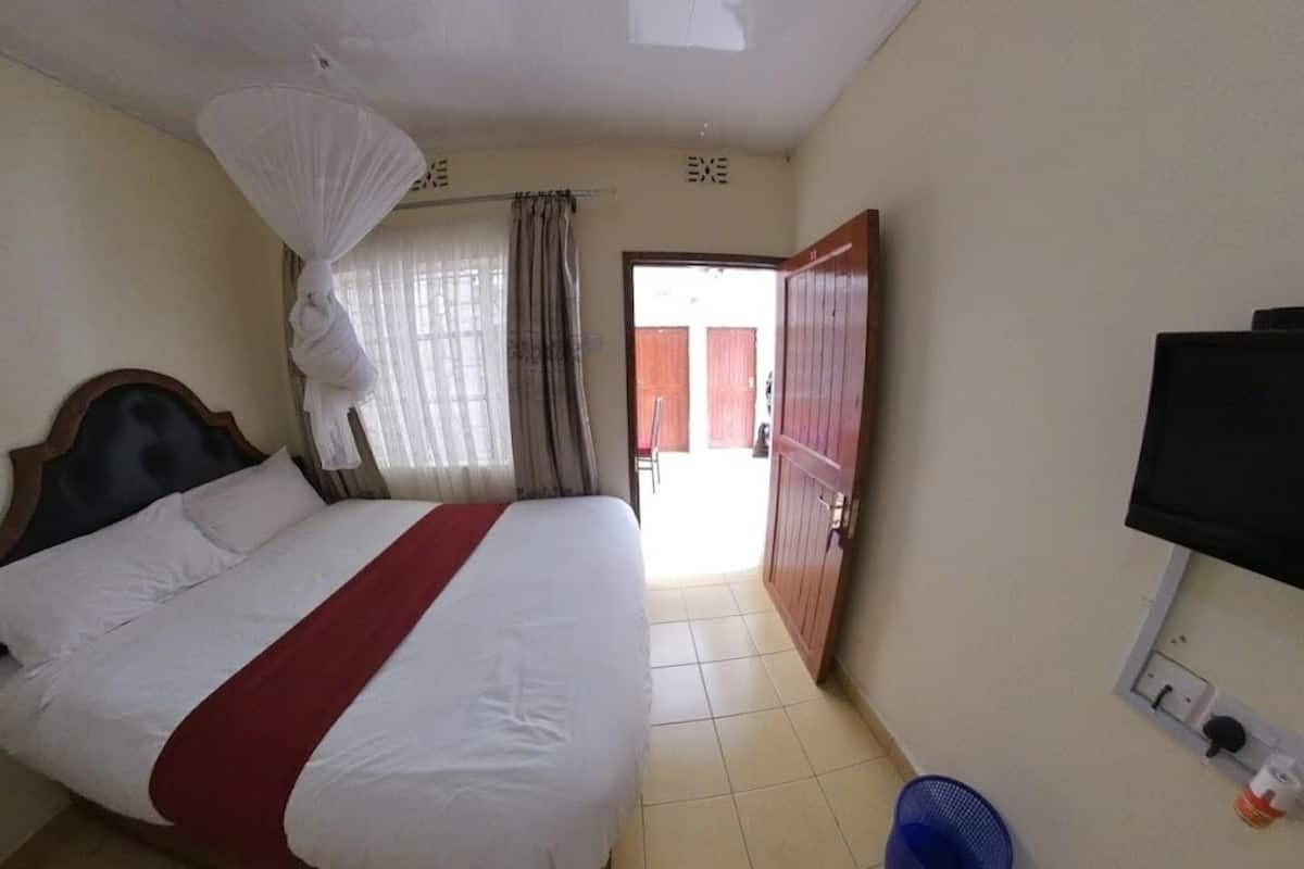 A hotel room with a bed, a television, a mosquito net, and a door leading to the outside.