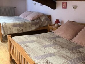 A room with two wooden beds, a nightstand, a lamp, and a radiator. - Guest Room 'Room 1 for 2 People' with Shared Pool, Shared Terrace and Wi-Fi (Segonzac)