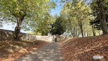 Een pad langs bomen en een muur, dat leidt naar een poort.
