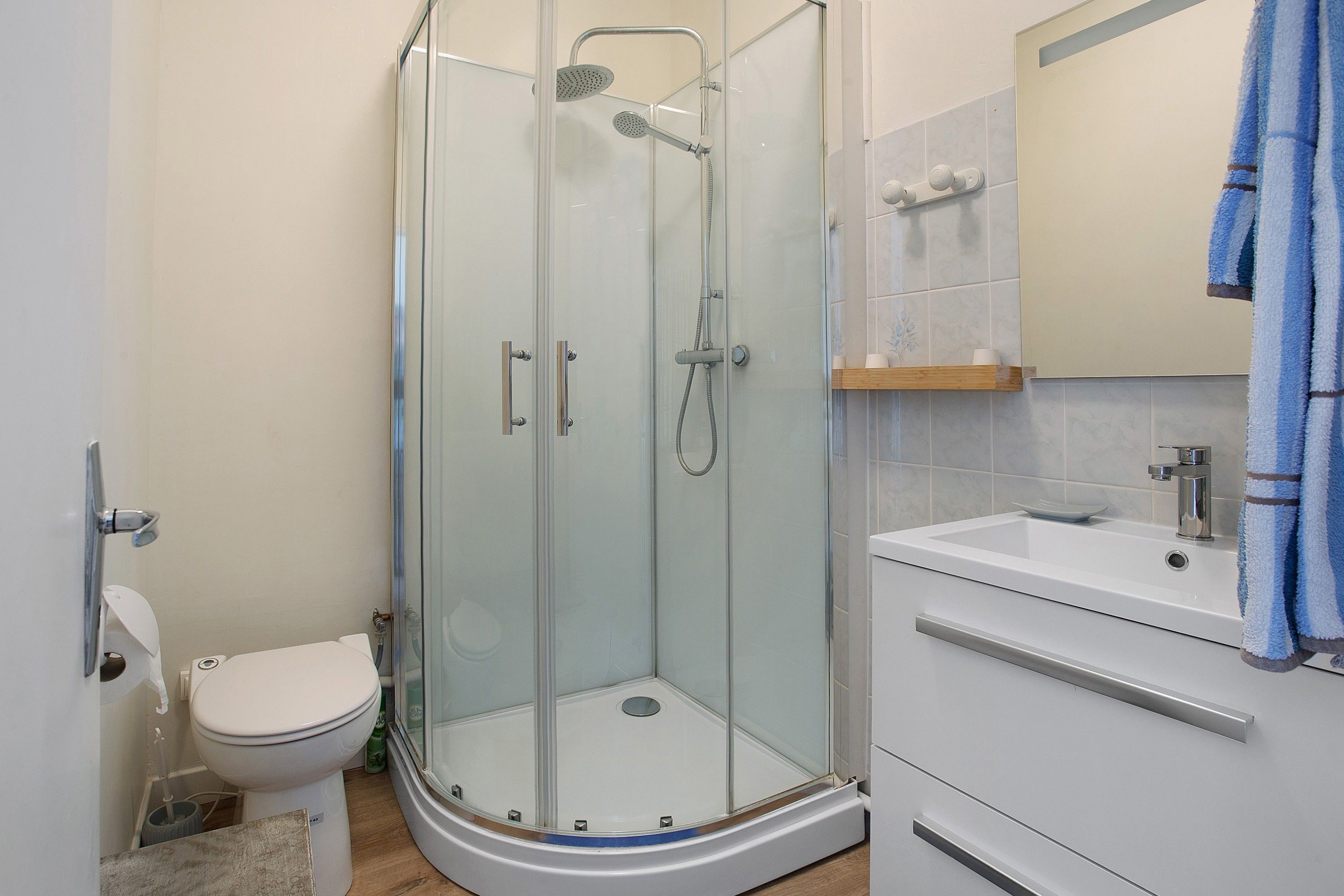 A modern bathroom with a glass-enclosed shower, a toilet, and a vanity with a mirror and towel rack.