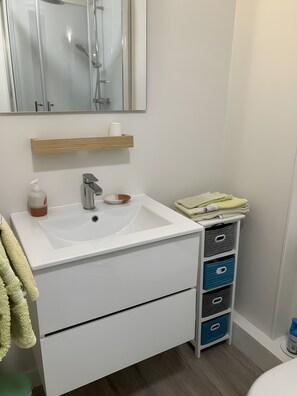 Shower, hair dryer, towels