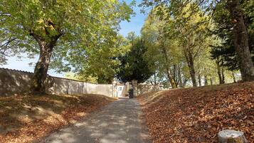 Un sentier bordé d’arbres et d’un mur, qui mène à une porte.