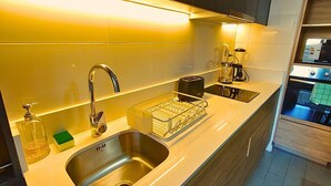 A modern kitchen with two stainless steel sinks, a built-in coffee maker, and a dish rack. - Rosas Confort 409 (Santiago)