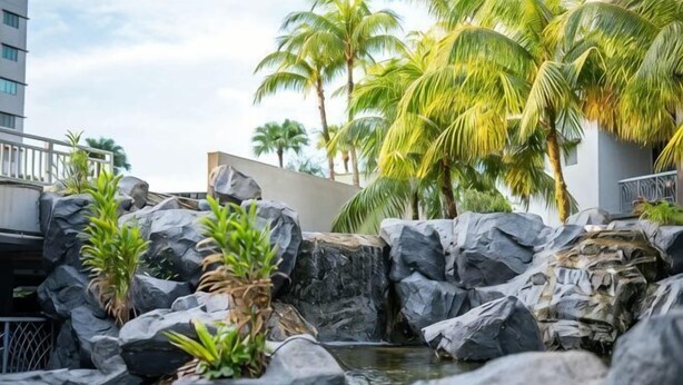 Un élément décoratif aquatique composé de rochers, agrémenté de palmiers et avec un bâtiment en arrière-plan.