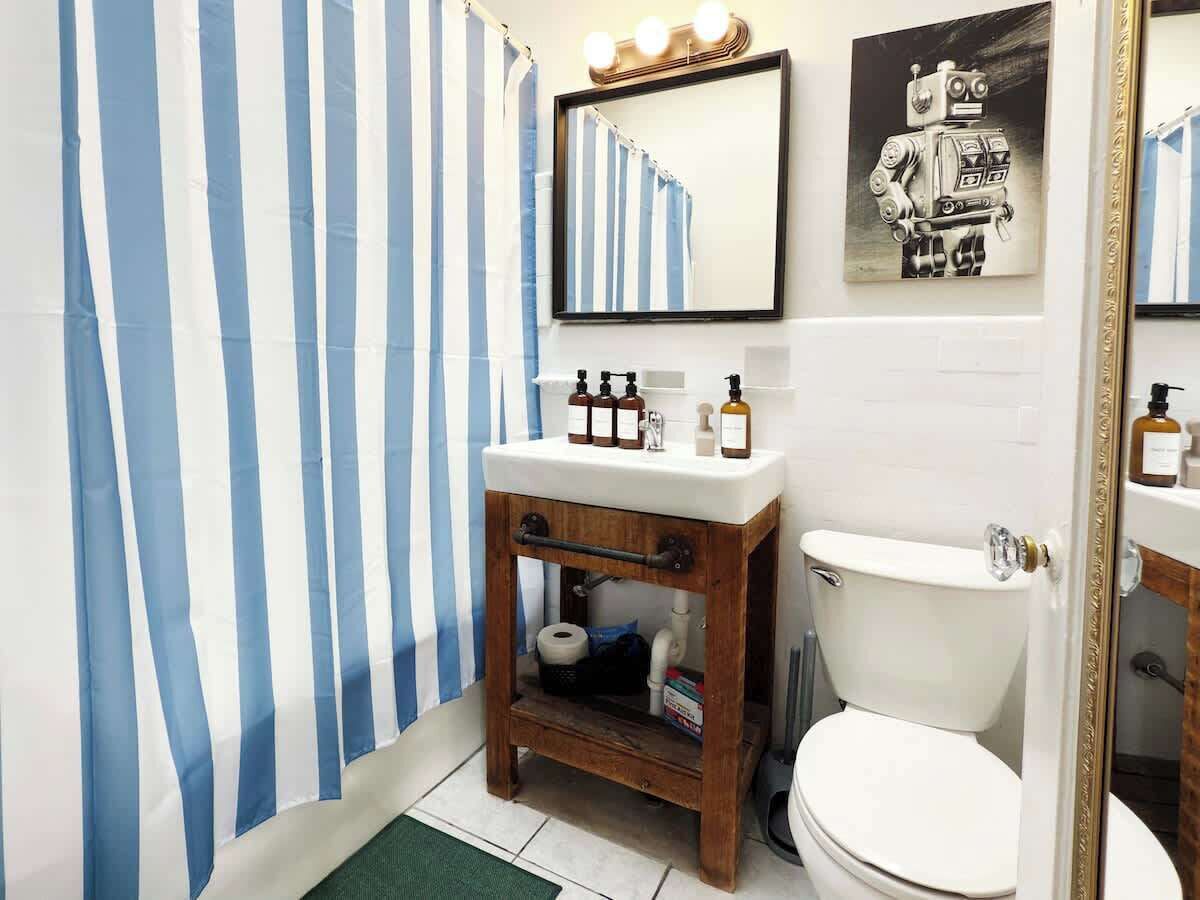 Hair dryer, towels, soap, toilet paper