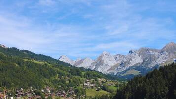 A mountain village with traditional houses, a clear sky, and a backdrop of rugged mountains.