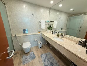 Shower, hair dryer, towels, soap