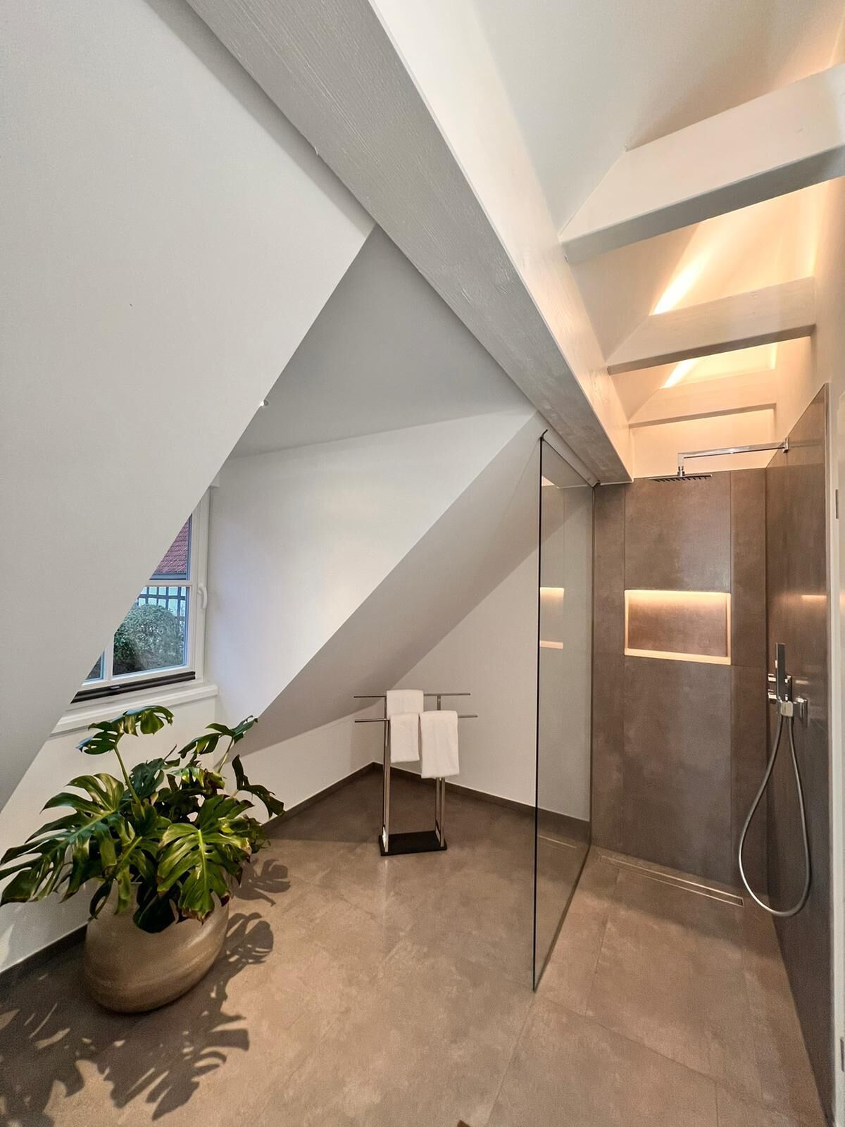 A modern bathroom with a shower, a towel rack, and a potted plant.