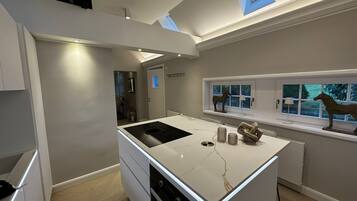 A modern kitchen with a central island, a skylight, and a window with decorative horses.
