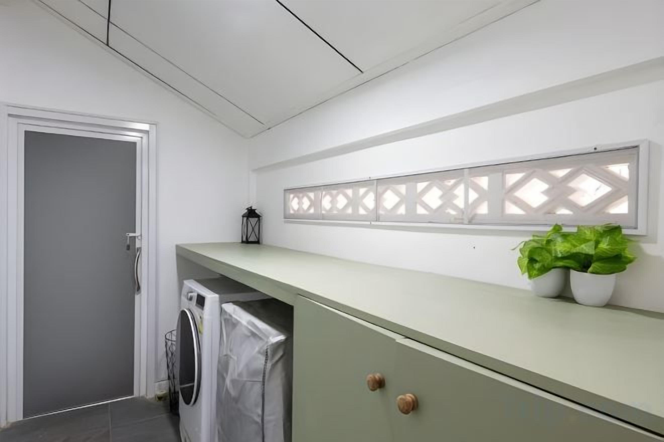 Une buanderie équipée d’un lave-linge, d’un étendoir et d’un plan de travail vert sur lequel est posée une plante en pot.