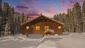A wooden cabin with a gabled roof, surrounded by snow-covered trees. - Family-Friendly Cabin Escape (Idaho Springs)