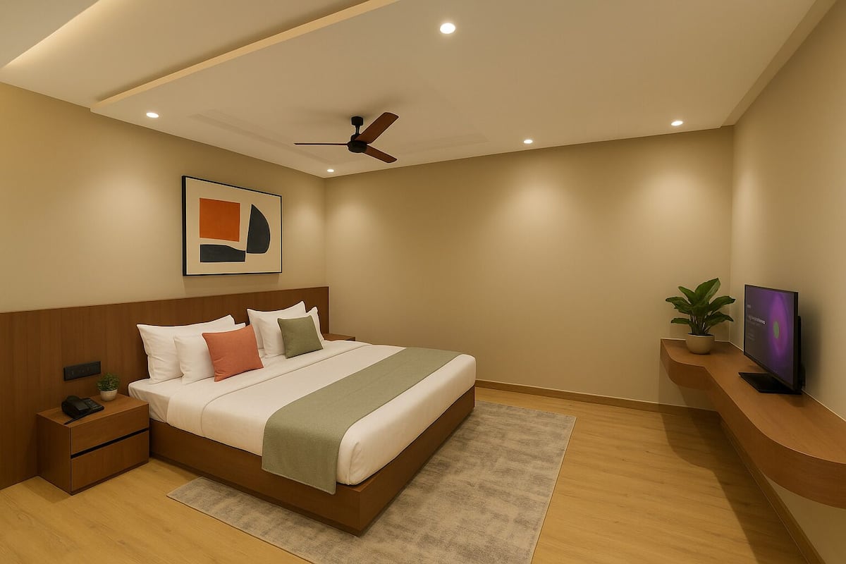 Habitació d'hotel moderna amb llit, taula de nit, fanal i televisió.