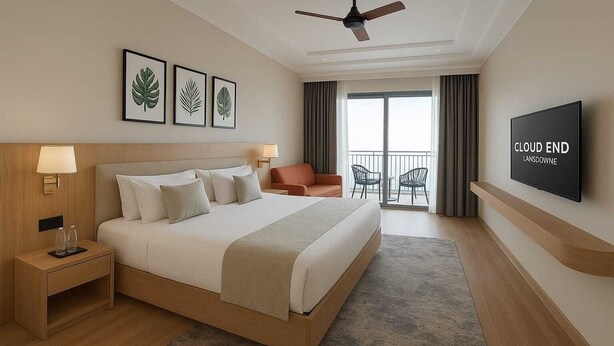 Una habitación de hotel con cama, mesitas de noche, ventilador de techo, televisión y balcón con sillas.