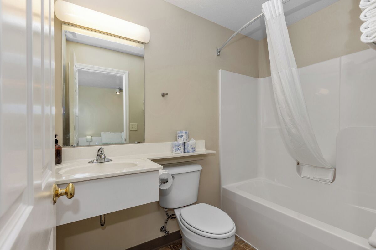 A bathroom with a toilet, sink, and shower.