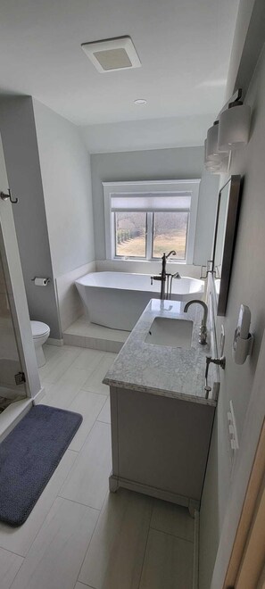 Shower, towels, toilet paper