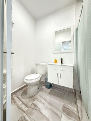 Hair dryer, towels, soap, toilet paper