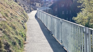 A paved pathway alongside a stone retaining wall, leading to a residential area with houses and a street lamp.