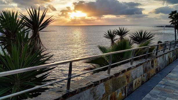 Un paseo marítimo con barandilla, palmeras y un atardecer sobre el mar.