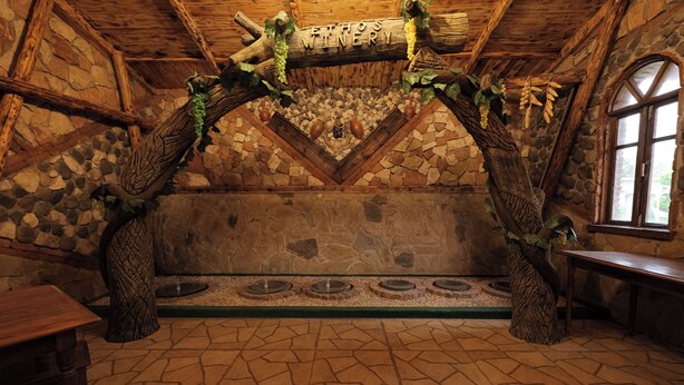 Un intérieur rustique avec des murs en pierre, des poutres en bois et un banc en pierre.