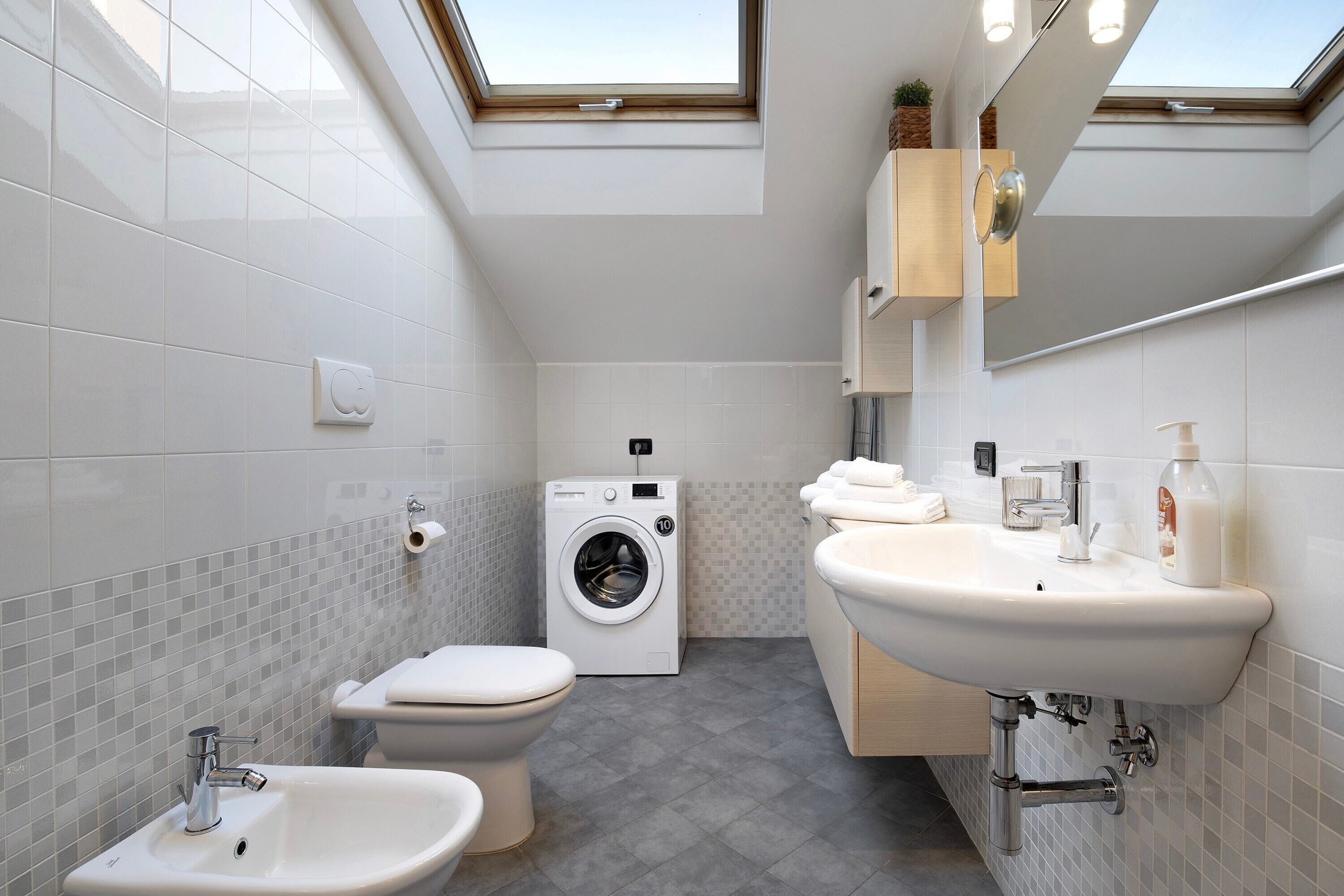 Shower, hair dryer, towels, toilet paper