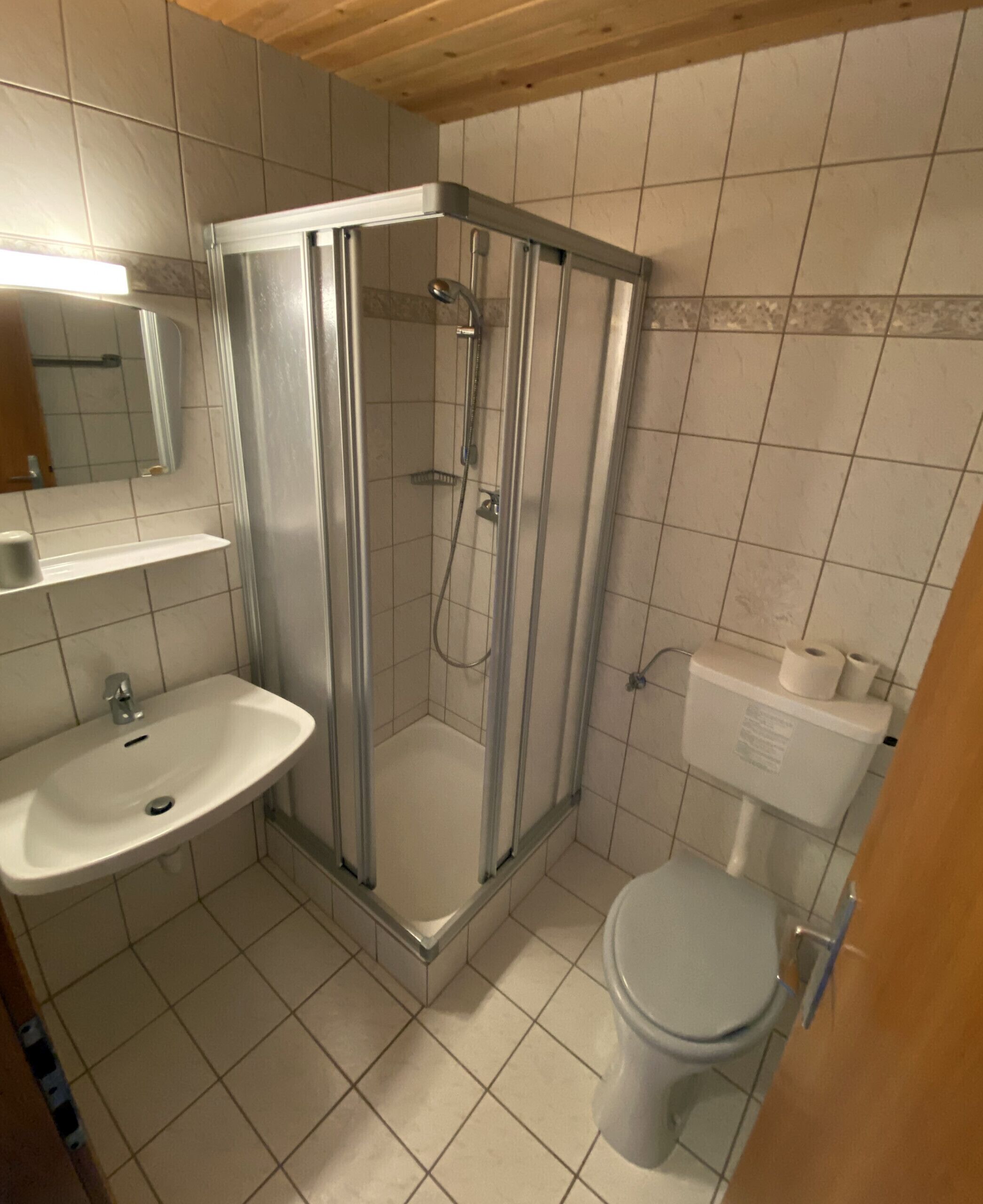 A bathroom with a glass-enclosed shower, a sink, and a toilet.