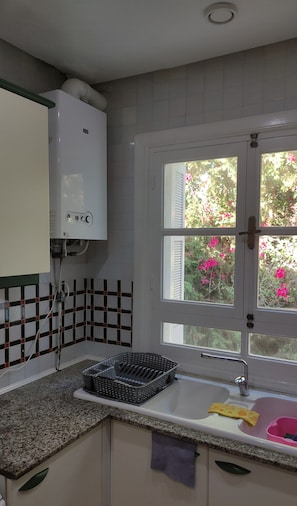 A kitchen with a water heater, a window with a view of pink flowers, a sink, and a granite countertop.