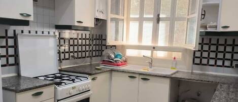 Fridge, oven, electric kettle, cookware/dishes/utensils