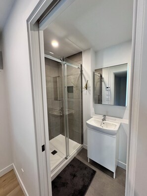 Shower, hair dryer, towels, soap