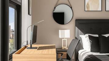 Escritorio, tabla de planchar con plancha, cuna de viaje y wifi