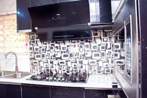 Apartament econòmic, balcó, vistes a la ciutat | Cuina privada | Frigorífic, microones, forn i placa de cuina