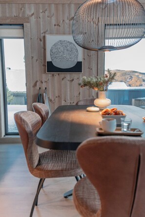 House, 4 Bedrooms, Terrace, Mountain View | Dining room - Tiur, Stylish new Cabin With hot tub (Nes)