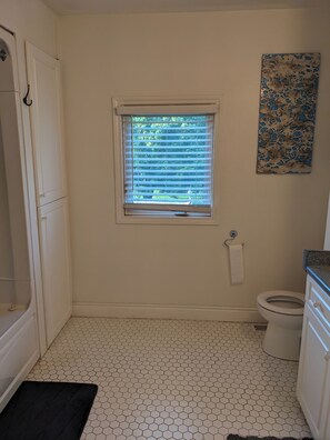 Hair dryer, towels, soap, toilet paper
